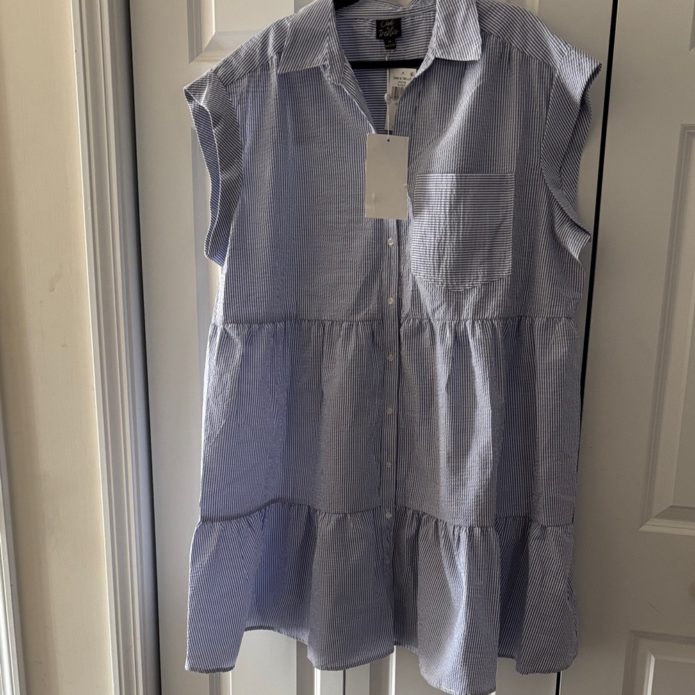 Sleeveless Blue Stripe Tiered Midi Dress